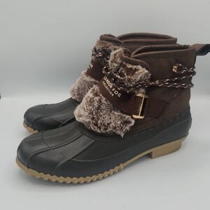 London Fog Willette duck boots in dark brown with faux fur trim women's size 8